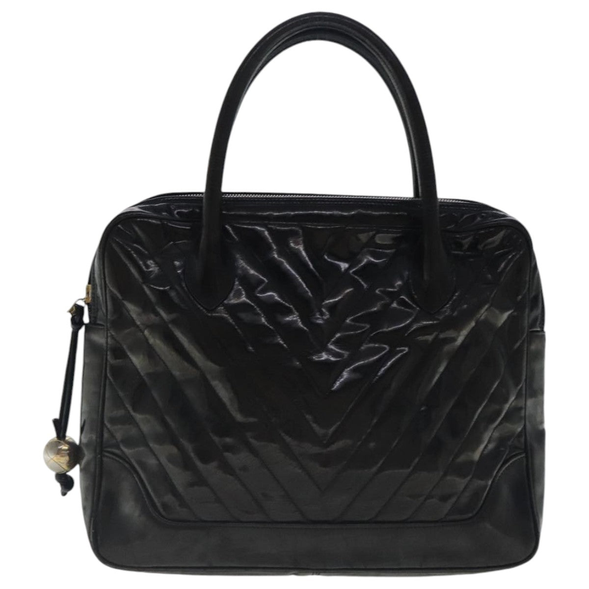 CHANEL V Stitch Hand Bag Patent leather Black Gold CC bs19212