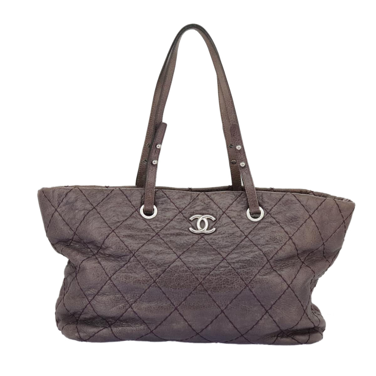 CHANEL Wild Stitch Tote Bag Leather Purple Silver CC bs19398