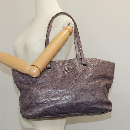 CHANEL Wild Stitch Tote Bag Leather Purple Silver CC bs19398