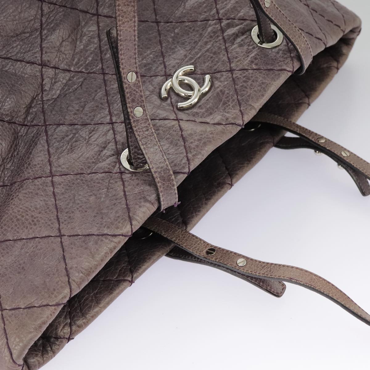 CHANEL Wild Stitch Tote Bag Leather Purple Silver CC bs19398