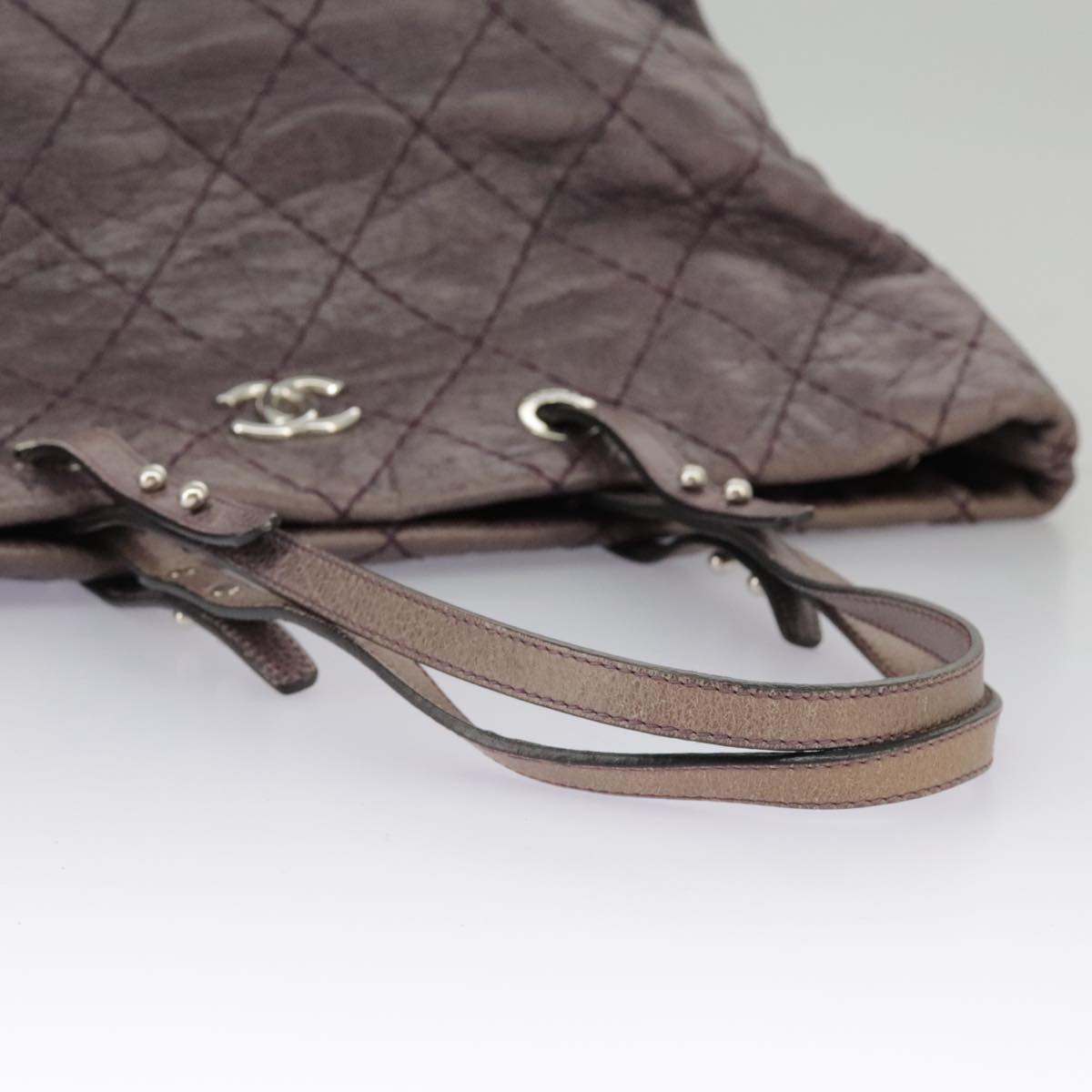 CHANEL Wild Stitch Tote Bag Leather Purple Silver CC bs19398