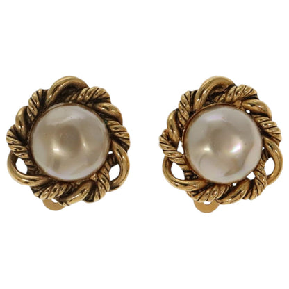 CHANEL Pearl Earring metal Gold Tone CC bs19423