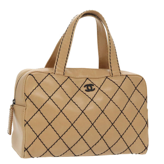 CHANEL Matelasse Wild Stitch Hand Bag Leather Beige CC bs19424