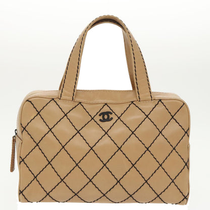 CHANEL Matelasse Wild Stitch Hand Bag Leather Beige CC bs19424