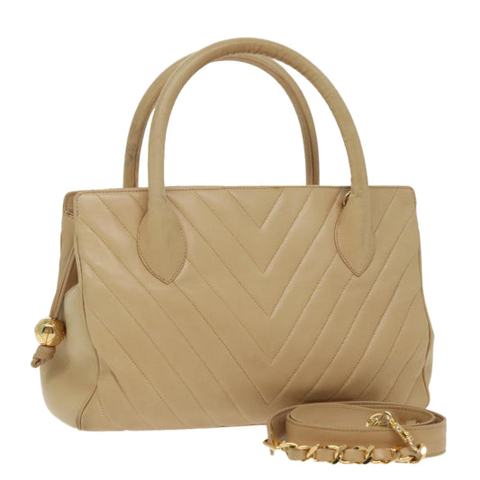 CHANEL V Stitch Hand Bag Leather 2way Beige Gold CC bs19426