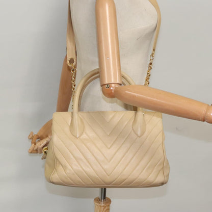 CHANEL V Stitch Hand Bag Leather 2way Beige Gold CC bs19426