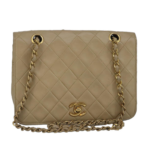 CHANEL Matelasse Chain Hand Bag Lamb Skin Beige Gold CC bs19431