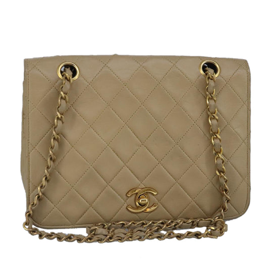 CHANEL Matelasse Chain Hand Bag Lamb Skin Beige Gold CC bs19431