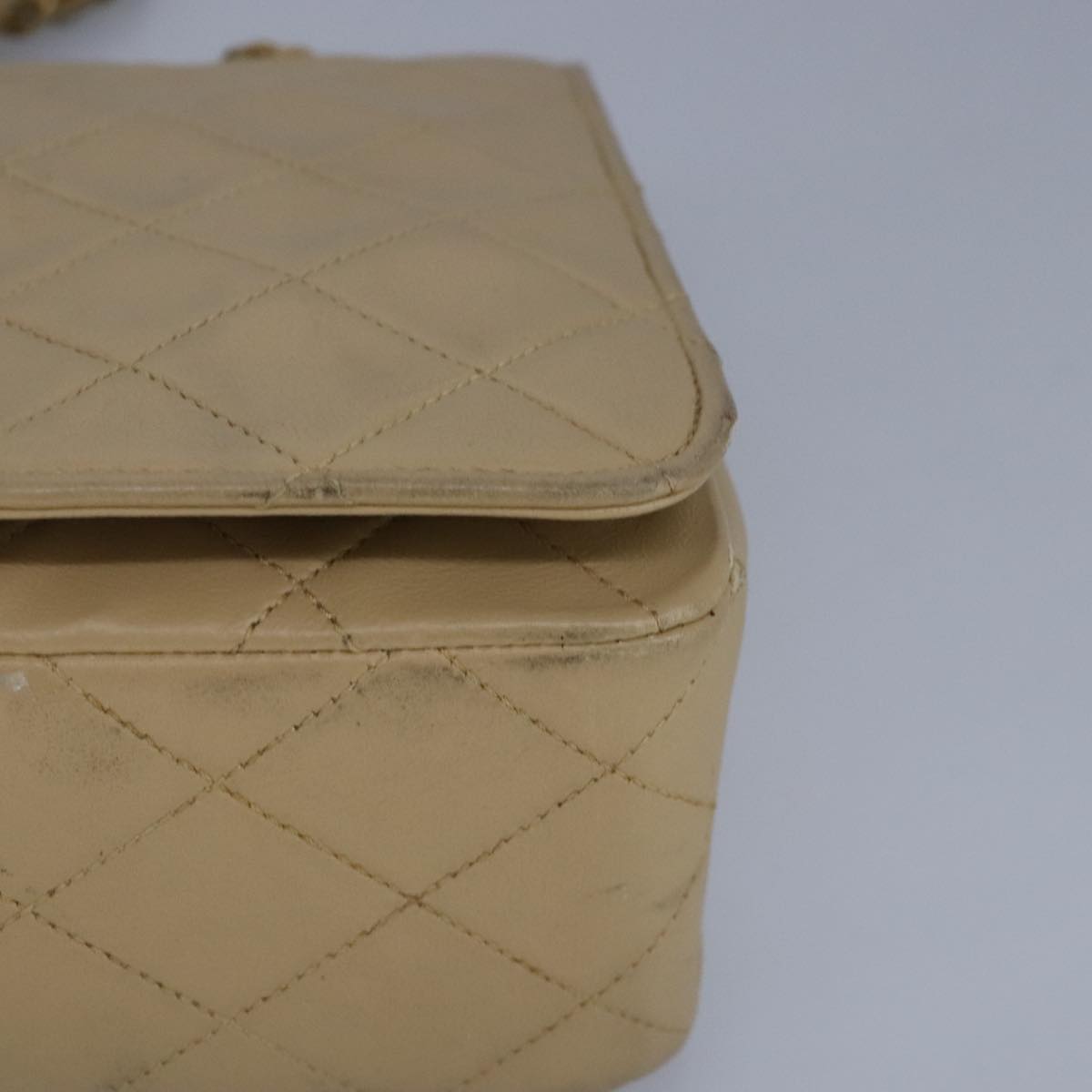 CHANEL Matelasse Chain Hand Bag Lamb Skin Beige Gold CC bs19431