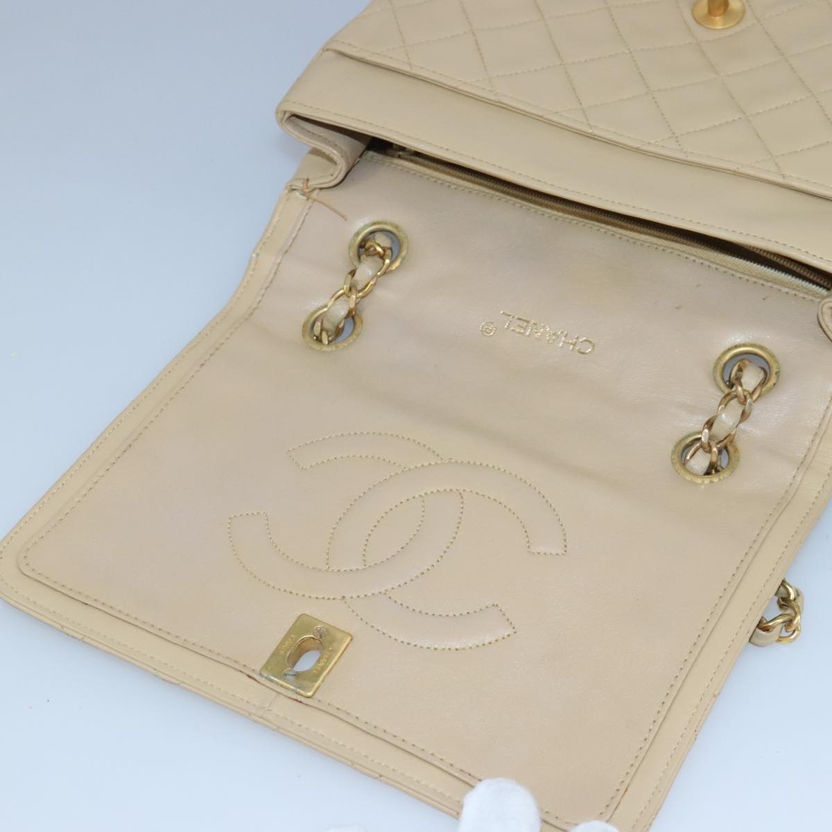 CHANEL Matelasse Chain Hand Bag Lamb Skin Beige Gold CC bs19431