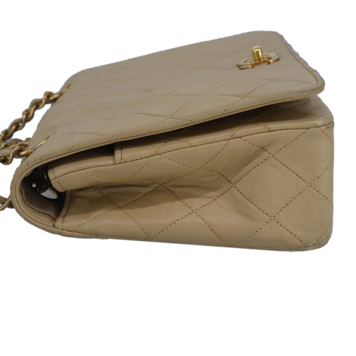 CHANEL Matelasse Chain Hand Bag Lamb Skin Beige Gold CC bs19431