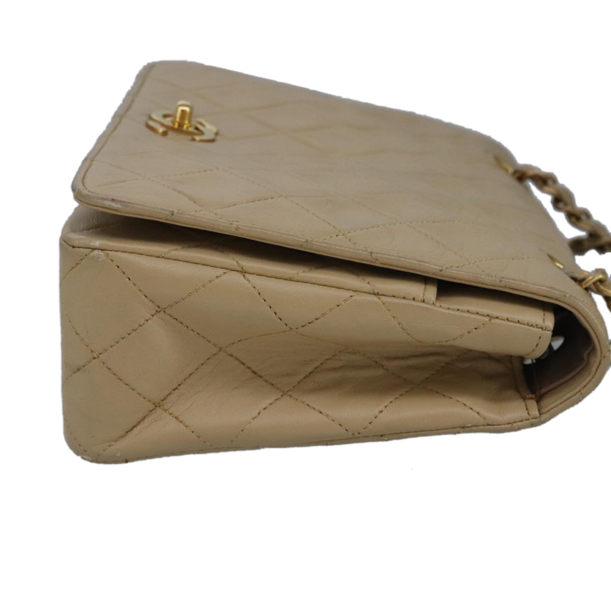 CHANEL Matelasse Chain Hand Bag Lamb Skin Beige Gold CC bs19431