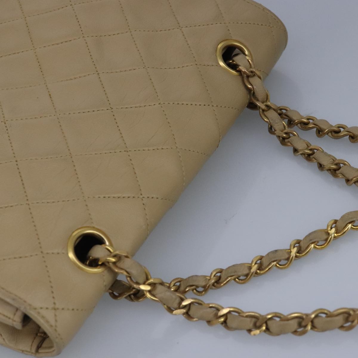 CHANEL Matelasse Chain Hand Bag Lamb Skin Beige Gold CC bs19431