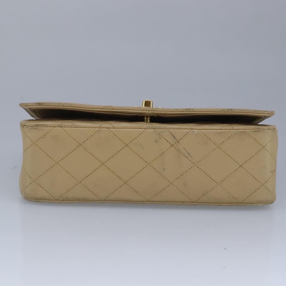 CHANEL Matelasse Chain Hand Bag Lamb Skin Beige Gold CC bs19431