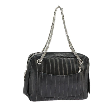 CHANEL Mademoiselle Chain Hand Bag Lamb Skin Silver Black CC bs19458
