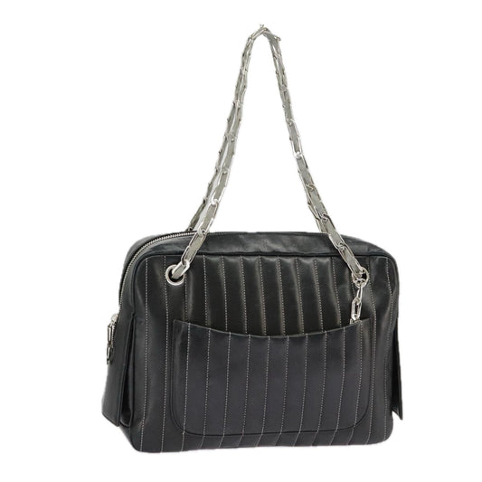 CHANEL Mademoiselle Chain Hand Bag Lamb Skin Silver Black CC bs19458