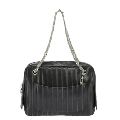 CHANEL Mademoiselle Chain Hand Bag Lamb Skin Silver Black CC bs19458