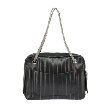 CHANEL Mademoiselle Chain Hand Bag Lamb Skin Silver Black CC bs19458