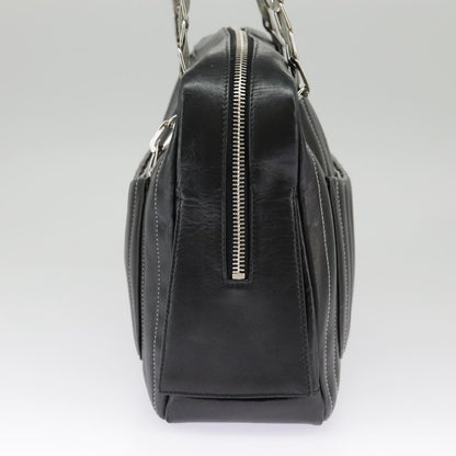 CHANEL Mademoiselle Chain Hand Bag Lamb Skin Silver Black CC bs19458