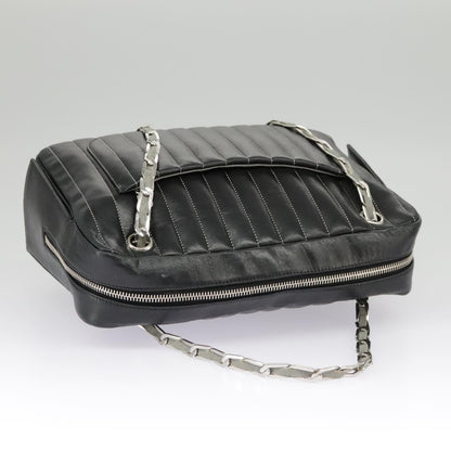 CHANEL Mademoiselle Chain Hand Bag Lamb Skin Silver Black CC bs19458