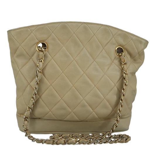 CHANEL Matelasse Chain Shoulder Bag Lamb Skin Beige Gold CC bs19648