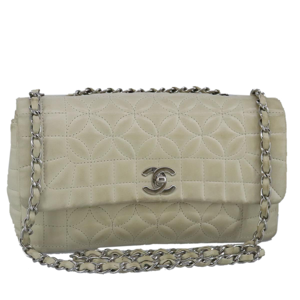 CHANEL Chain Flower Stitch Shoulder Bag Lamb Skin Beige Silver CC bs19654