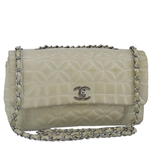 CHANEL Chain Flower Stitch Shoulder Bag Lamb Skin Beige Silver CC bs19654