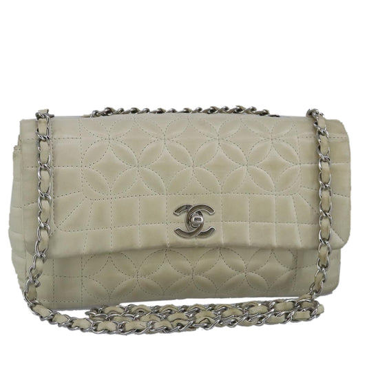 CHANEL Chain Flower Stitch Shoulder Bag Lamb Skin Beige Silver CC bs19654
