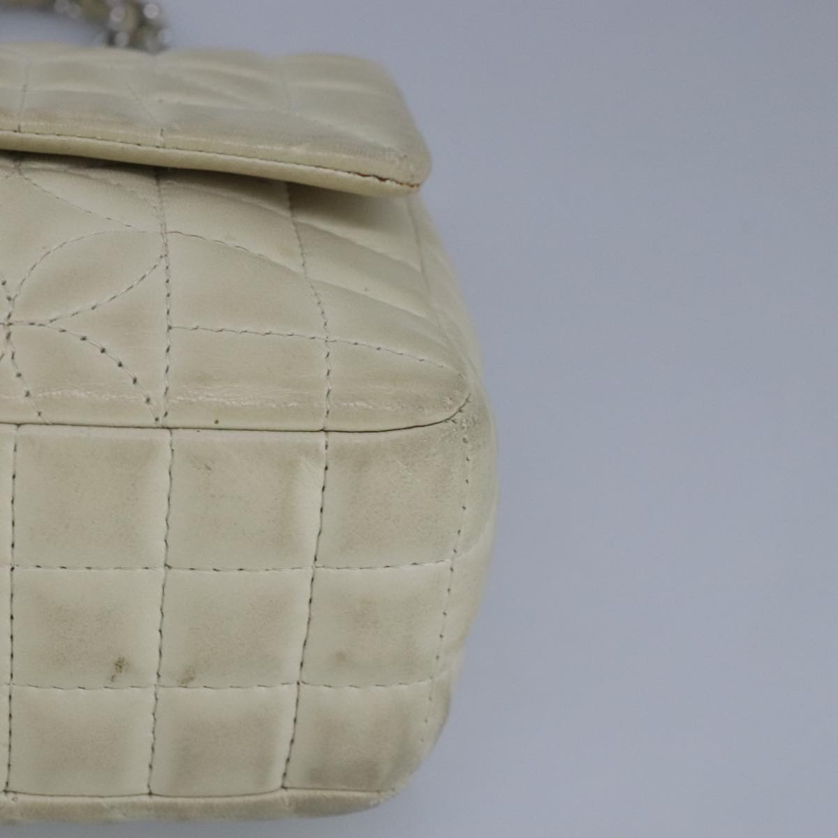 CHANEL Chain Flower Stitch Shoulder Bag Lamb Skin Beige Silver CC bs19654