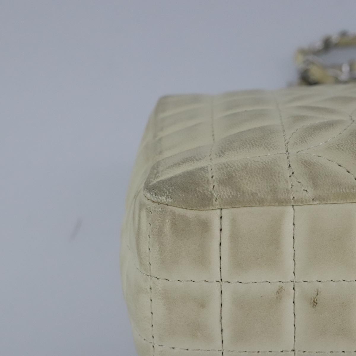 CHANEL Chain Flower Stitch Shoulder Bag Lamb Skin Beige Silver CC bs19654