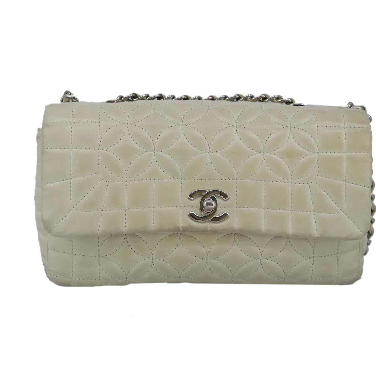 CHANEL Chain Flower Stitch Shoulder Bag Lamb Skin Beige Silver CC bs19654