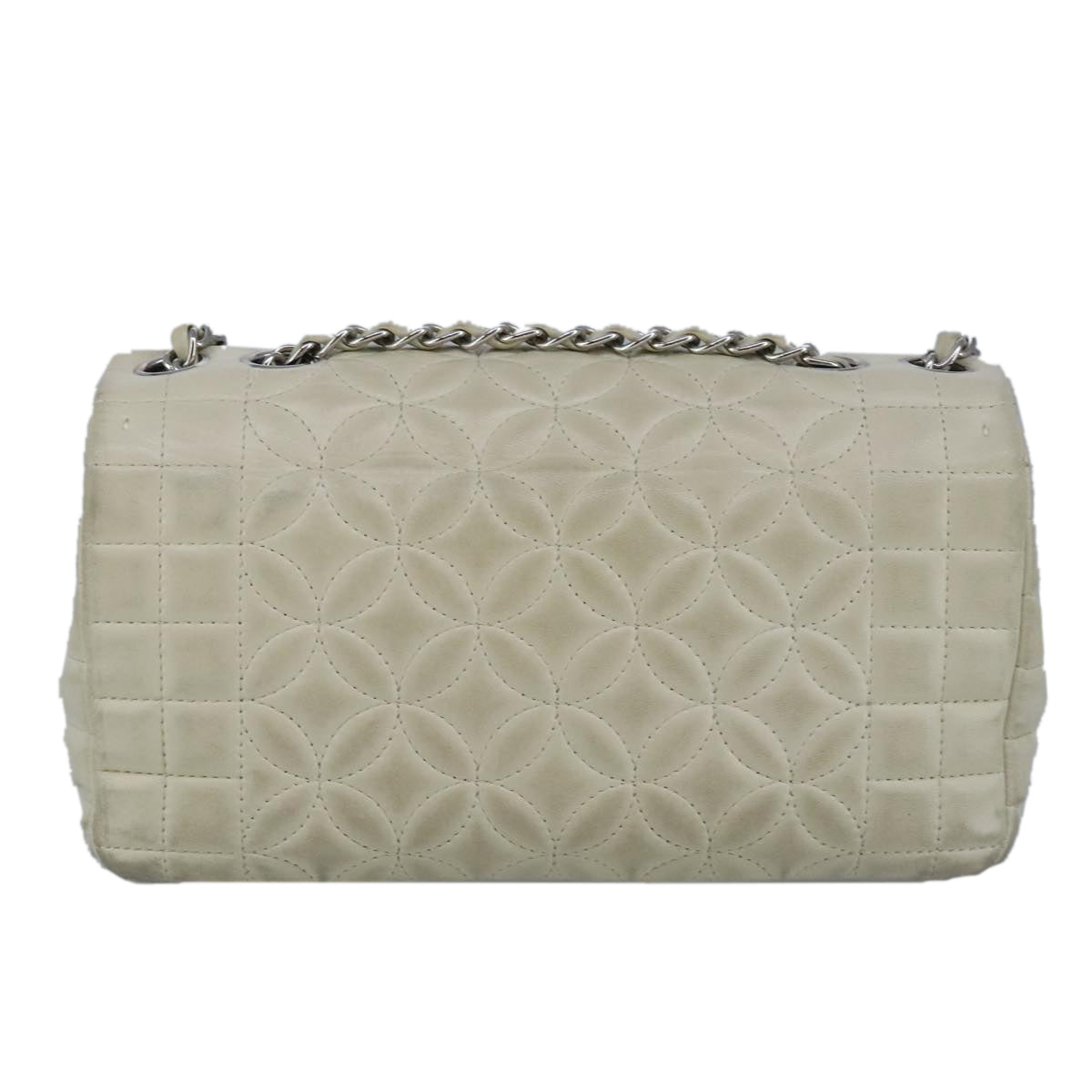 CHANEL Chain Flower Stitch Shoulder Bag Lamb Skin Beige Silver CC bs19654