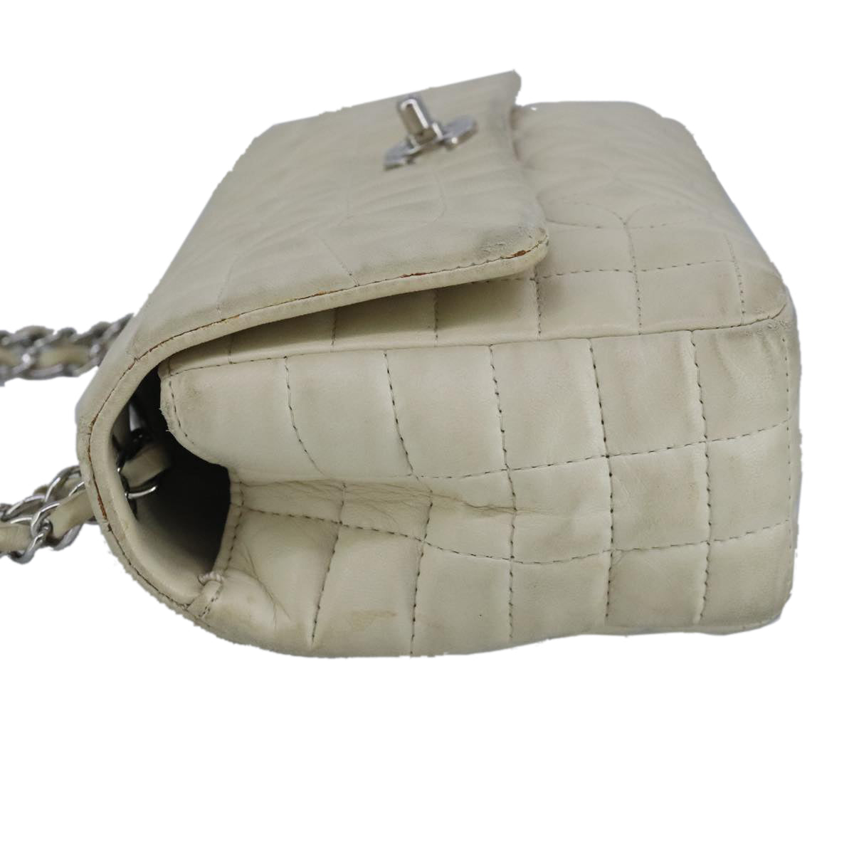 CHANEL Chain Flower Stitch Shoulder Bag Lamb Skin Beige Silver CC bs19654