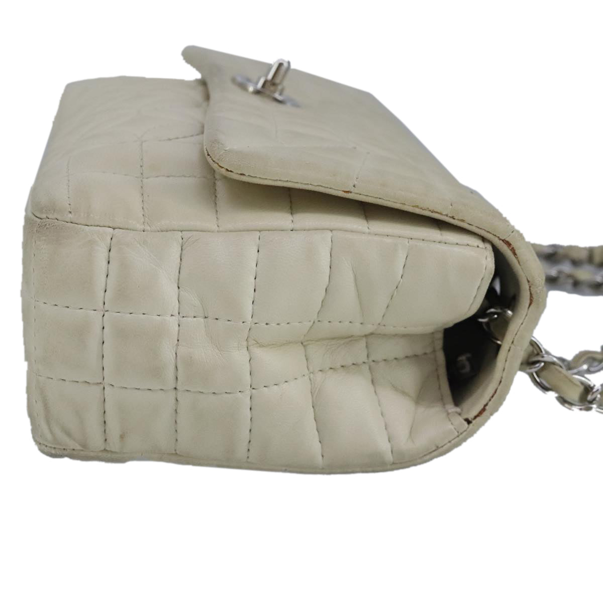 CHANEL Chain Flower Stitch Shoulder Bag Lamb Skin Beige Silver CC bs19654