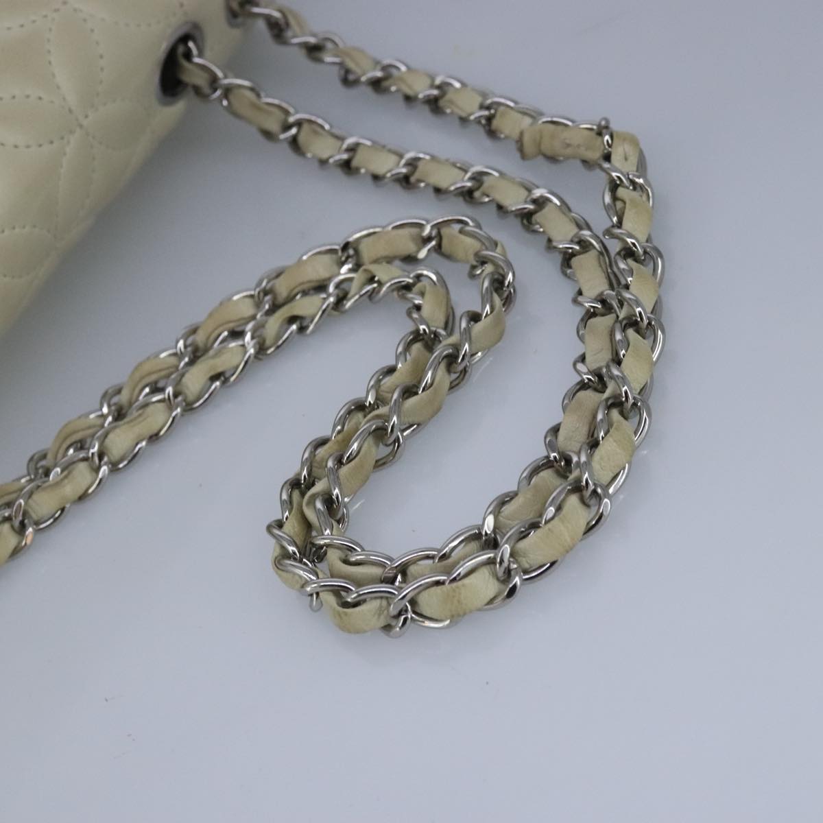 CHANEL Chain Flower Stitch Shoulder Bag Lamb Skin Beige Silver CC bs19654