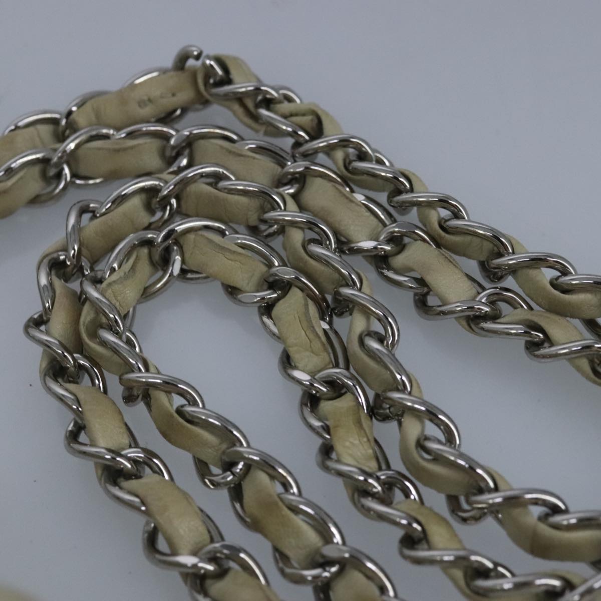 CHANEL Chain Flower Stitch Shoulder Bag Lamb Skin Beige Silver CC bs19654