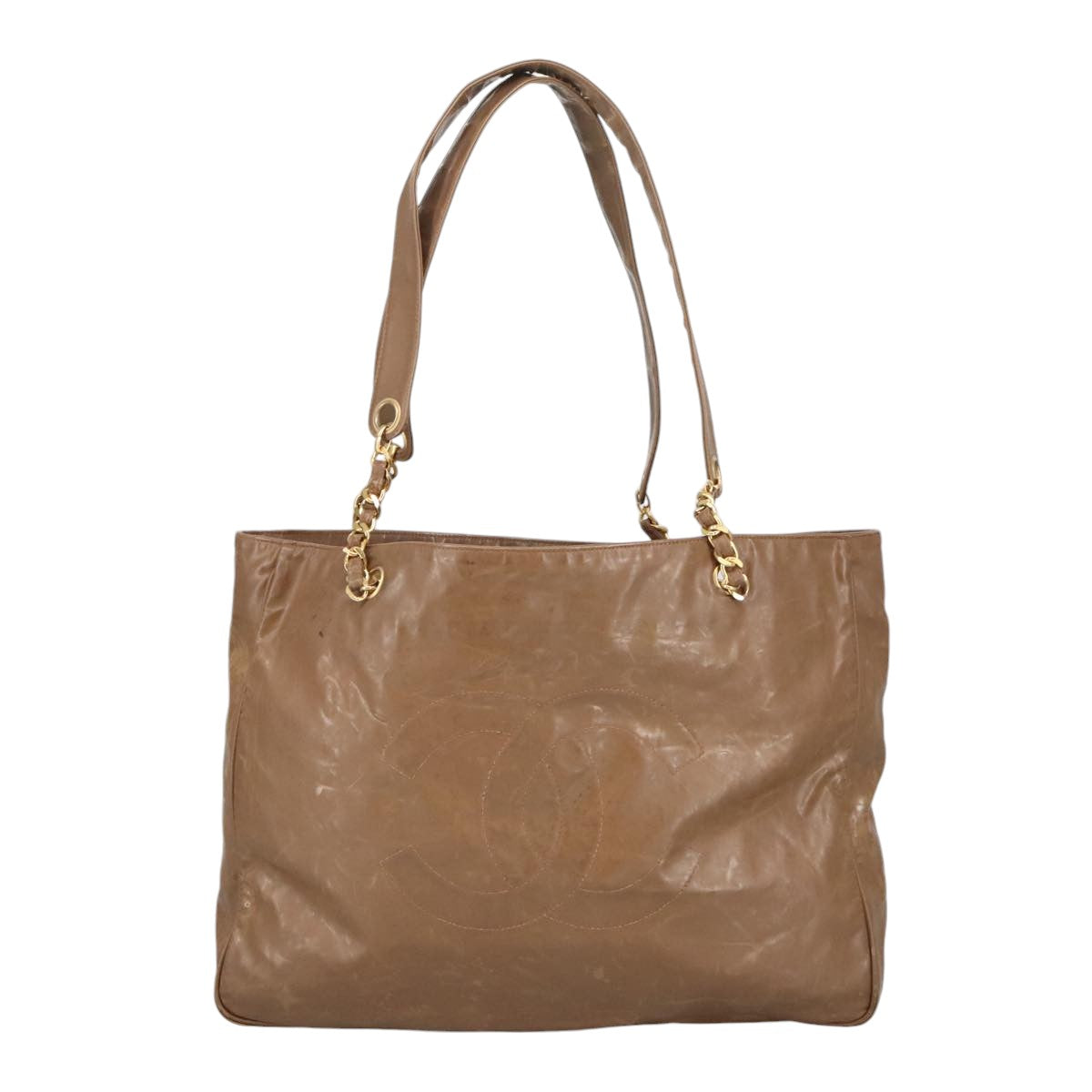CHANEL Chain Tote Bag Patent leather Gold Brown CC bs19657