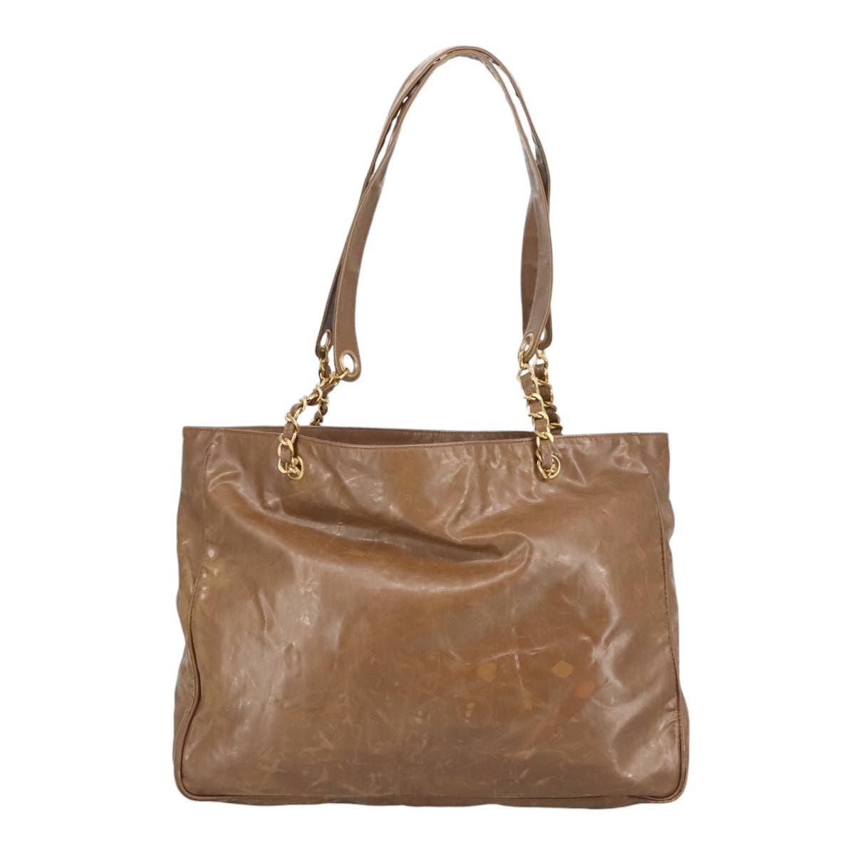 CHANEL Chain Tote Bag Patent leather Gold Brown CC bs19657