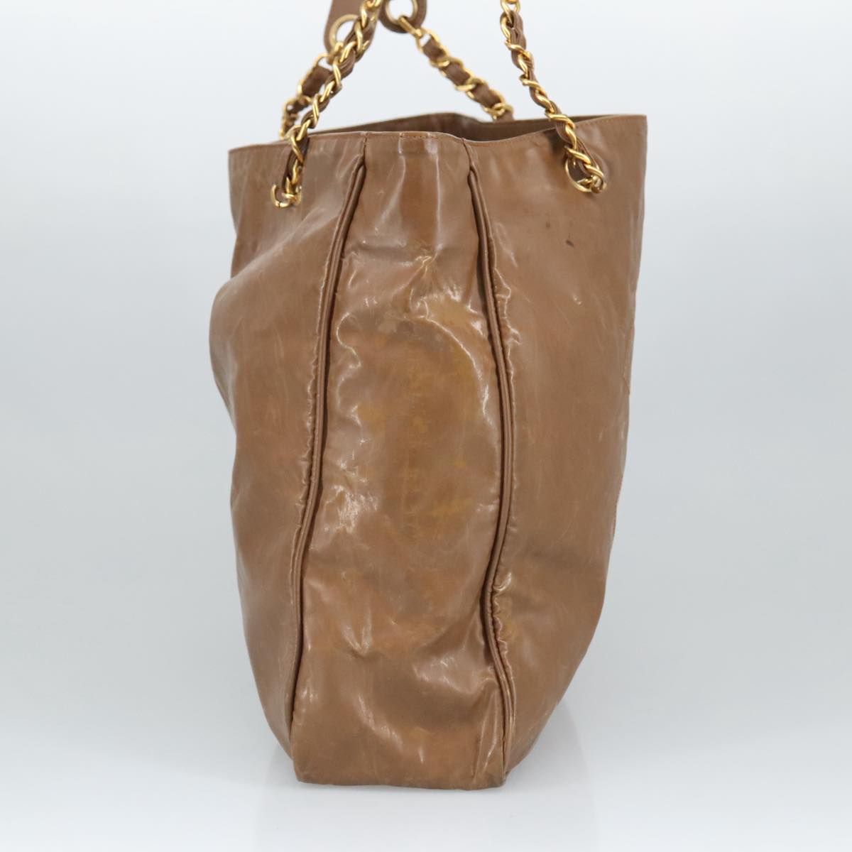 CHANEL Chain Tote Bag Patent leather Gold Brown CC bs19657