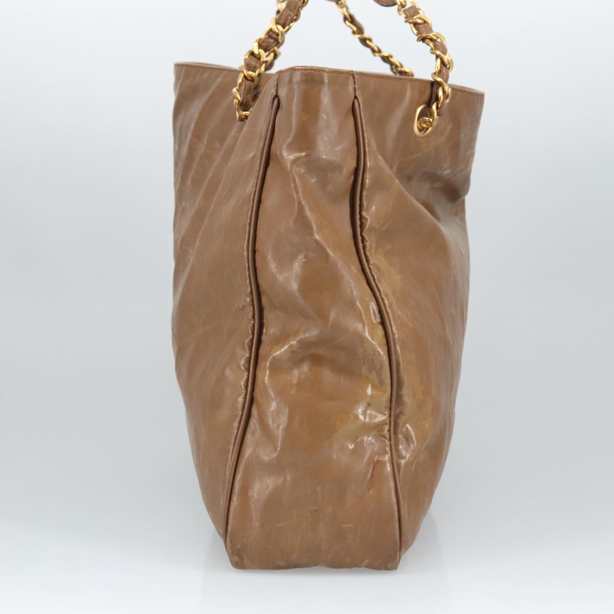 CHANEL Chain Tote Bag Patent leather Gold Brown CC bs19657