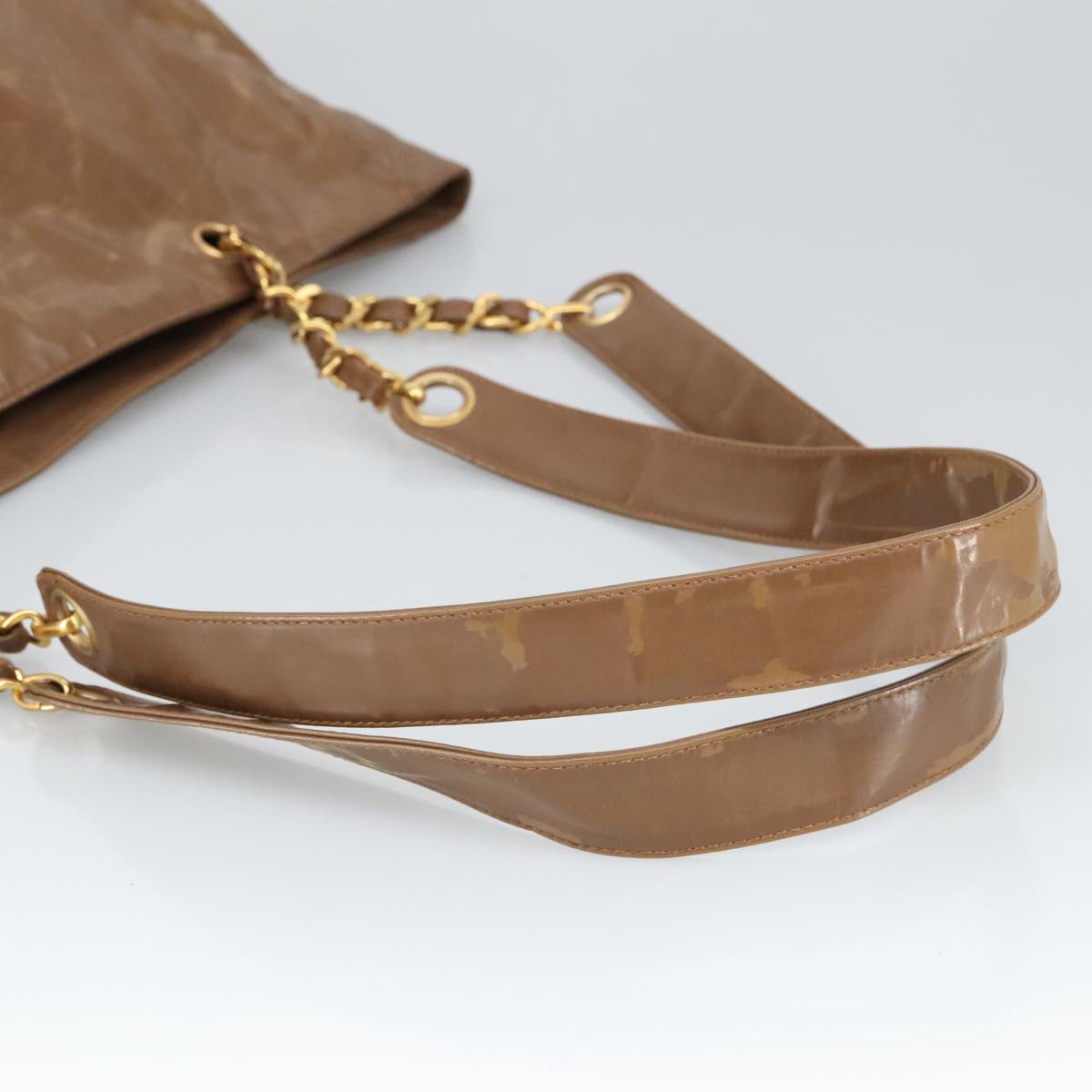 CHANEL Chain Tote Bag Patent leather Gold Brown CC bs19657