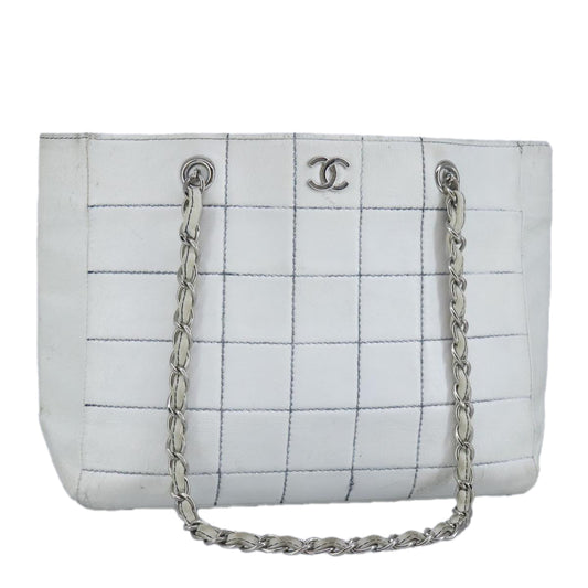 CHANEL Choco Bar Chain Tote Bag Leather White CC bs19700