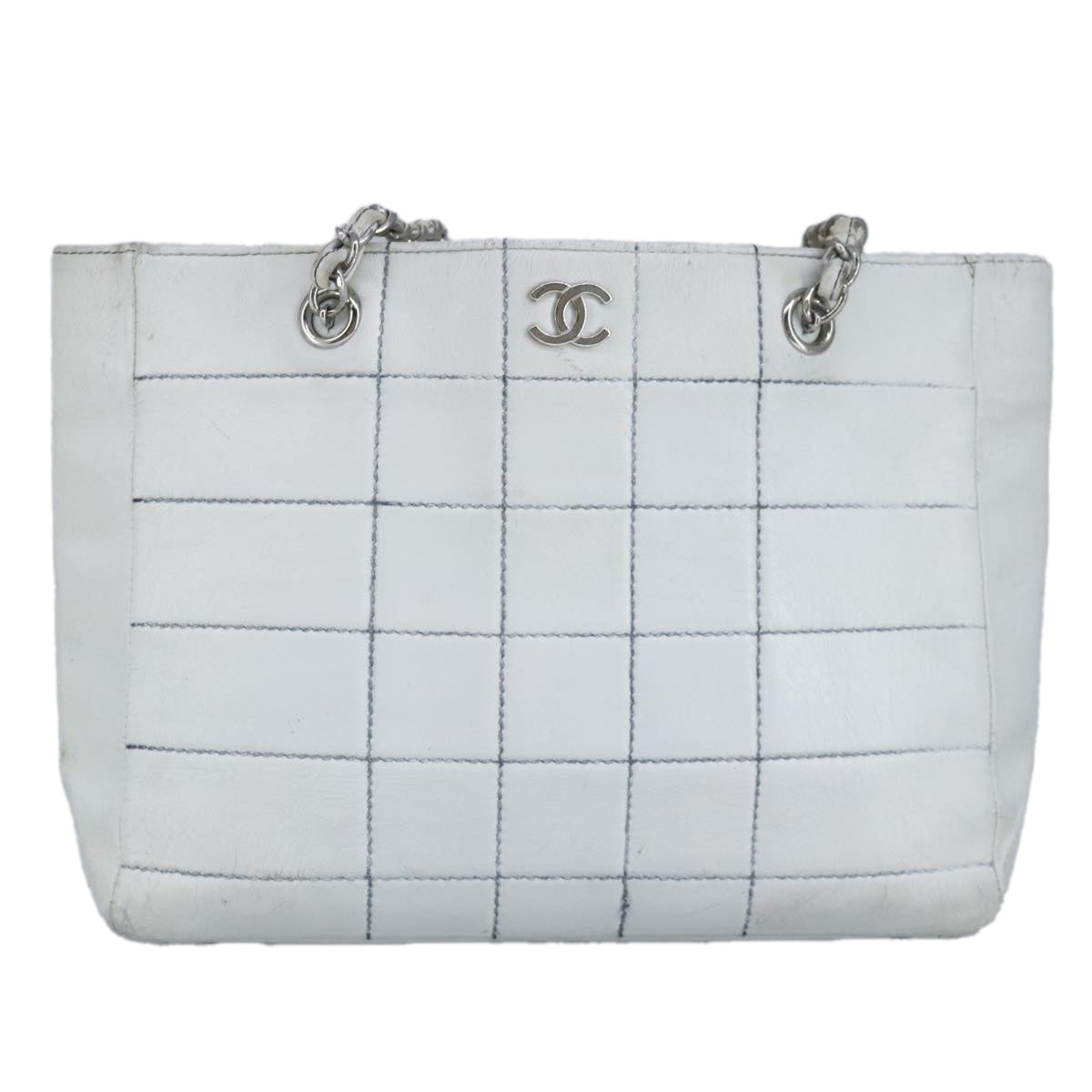 CHANEL Choco Bar Chain Tote Bag Leather White CC bs19700