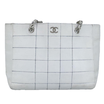 CHANEL Choco Bar Chain Tote Bag Leather White CC bs19700