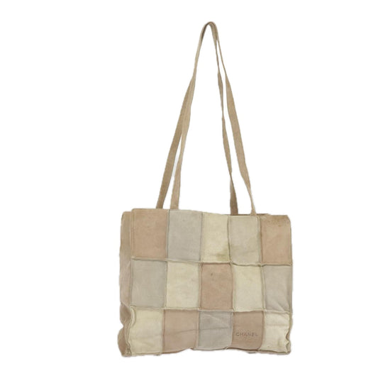 CHANEL Choco Bar Tote Bag Suede Beige Silver CC bs19748