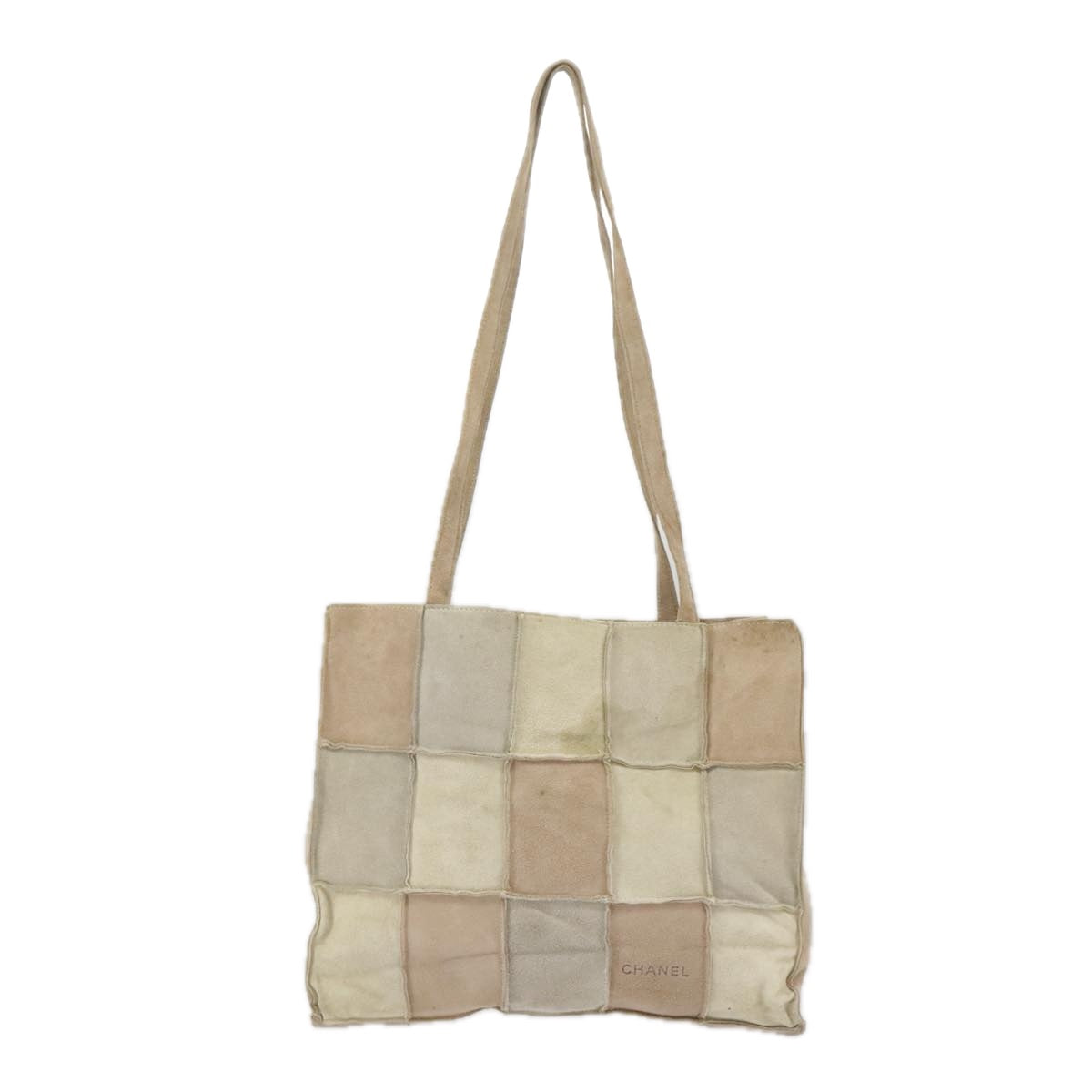CHANEL Choco Bar Tote Bag Suede Beige Silver CC bs19748