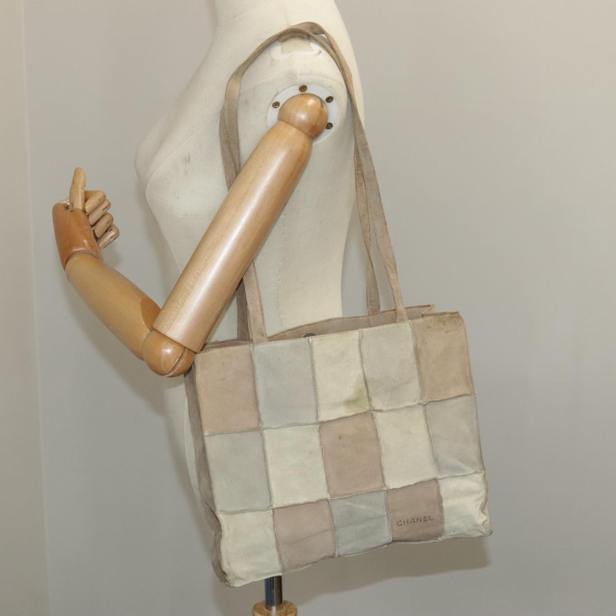 CHANEL Choco Bar Tote Bag Suede Beige Silver CC bs19748