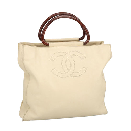 CHANEL Wood Hand Bag Caviar Skin Beige Brown Gold CC bs20161