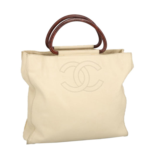 CHANEL Wood Hand Bag Caviar Skin Beige Brown Gold CC bs20161