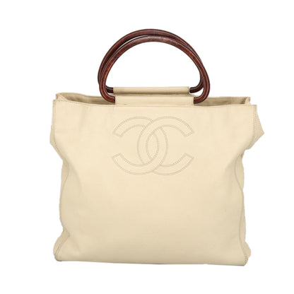 CHANEL Wood Hand Bag Caviar Skin Beige Brown Gold CC bs20161